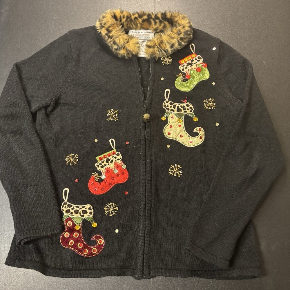 Tiara International Christmas Ugly Sweater Cardigan Sequin Rhinestone Faux Fur M